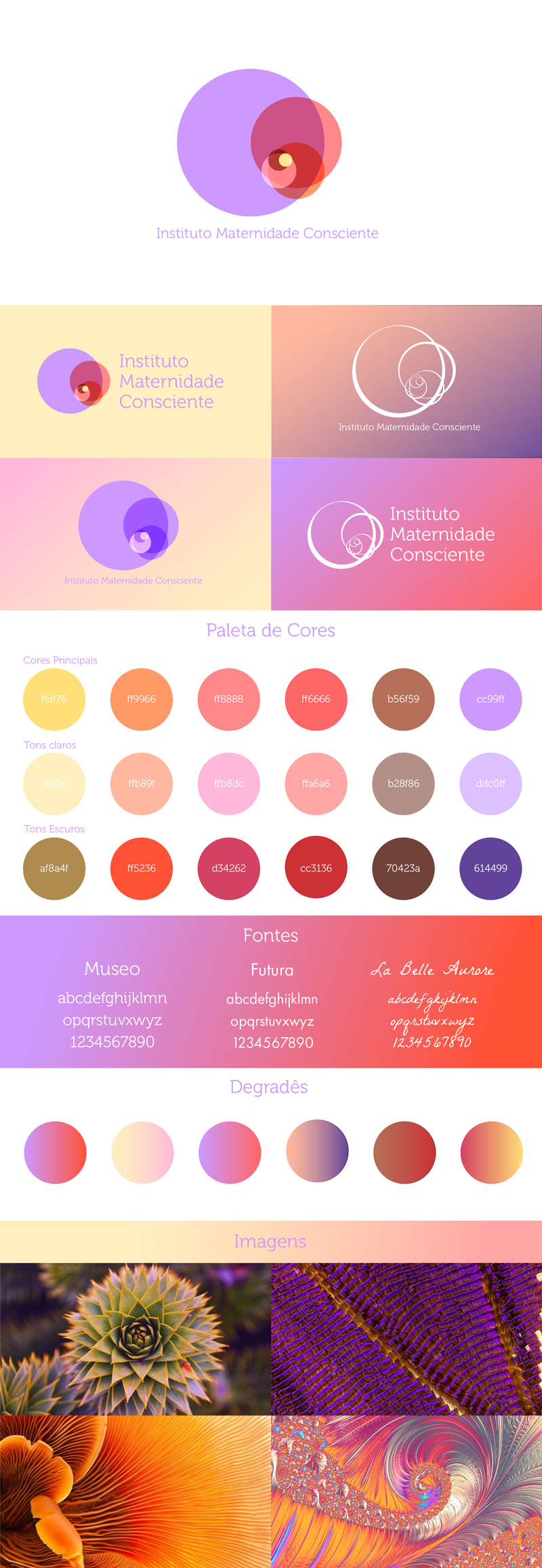 Novo plano de identidade visual do Instituto Maternidade Consciente contendo Logotipo com variações, cores, fontes, degrades e imagens de referência.
